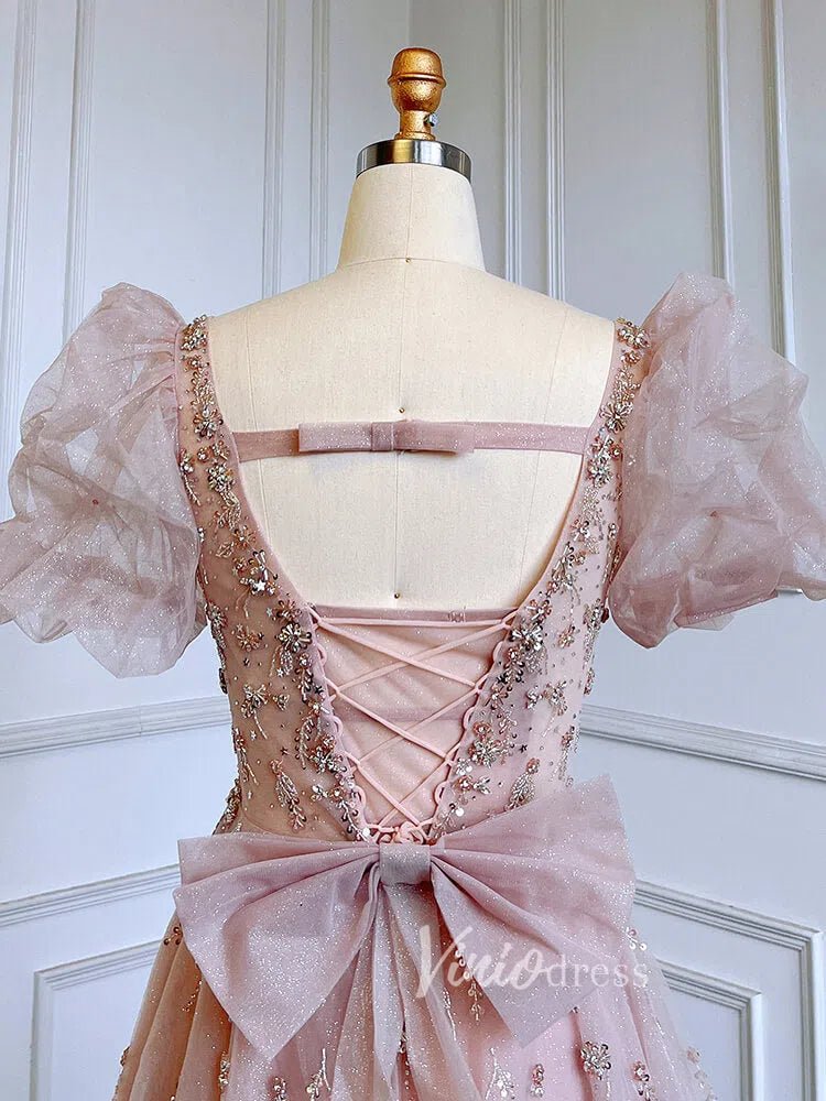 Beaded Sparkly Pink Prom Dresses Puffed Sleeve Princess Dress 20013-Evening Dresses 2025 -Viniodress-Pink-US 2-