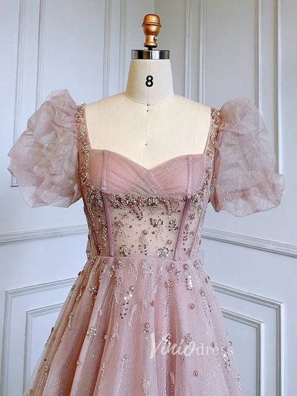 Beaded Sparkly Pink Prom Dresses Puffed Sleeve Princess Dress 20013-Evening Dresses 2025 -Viniodress-Pink-US 2-