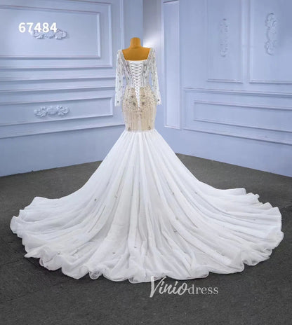 Beaded Square Neck Mermaid Wedding Dresses with Long Sleeves 67484-wedding dresses 2025 -Viniodress-Ivory-Custom Size-
