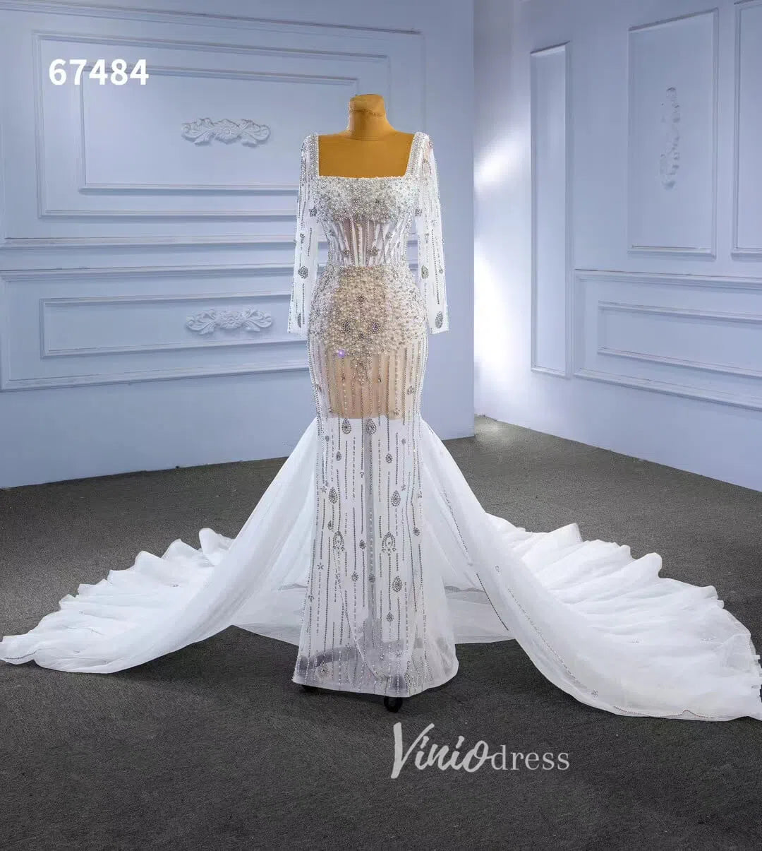 Beaded Square Neck Mermaid Wedding Dresses with Long Sleeves 67484-wedding dresses 2025 -Viniodress-Ivory-Custom Size-
