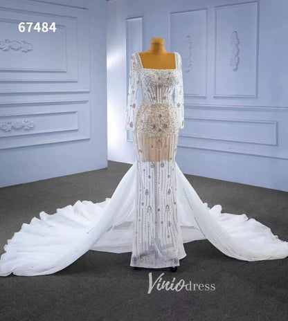 Beaded Square Neck Mermaid Wedding Dresses with Long Sleeves 67484-wedding dresses 2025 -Viniodress-Ivory-Custom Size-