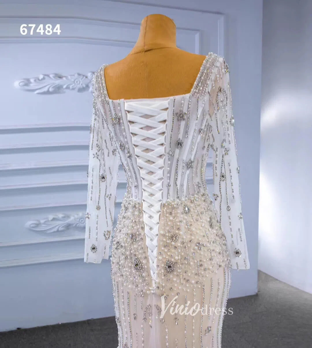 Beaded Square Neck Mermaid Wedding Dresses with Long Sleeves 67484-wedding dresses 2025 -Viniodress-Ivory-Custom Size-