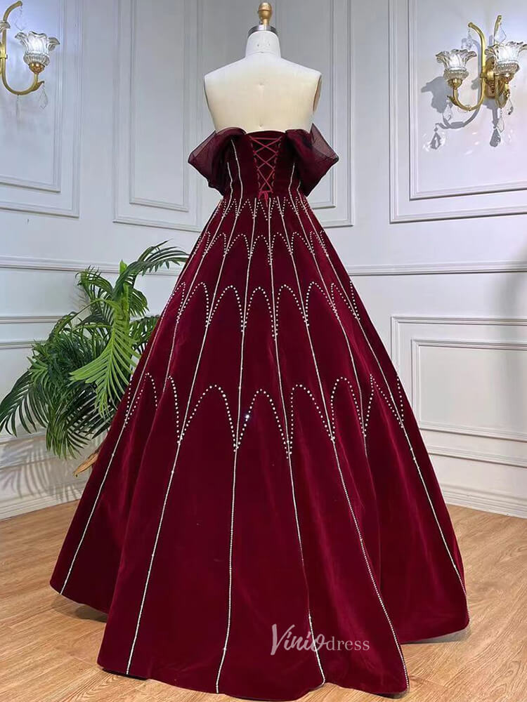 Beaded Strapless Burgundy Velvet Prom Dresses Detachable Sleeve Evening Gown 20043-Evening Dresses 2025 -Viniodress-Burgundy-US 2-