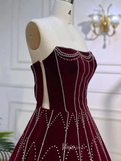 Beaded Strapless Burgundy Velvet Prom Dresses Detachable Sleeve Evening Gown 20043-Evening Dresses 2025 -Viniodress-Burgundy-US 2-