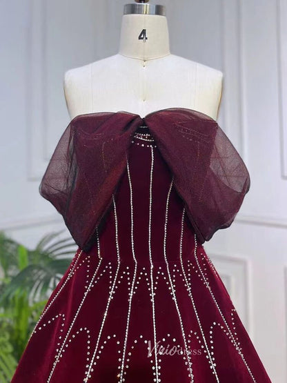 Beaded Strapless Burgundy Velvet Prom Dresses Detachable Sleeve Evening Gown 20043-Evening Dresses 2025 -Viniodress-Burgundy-US 2-
