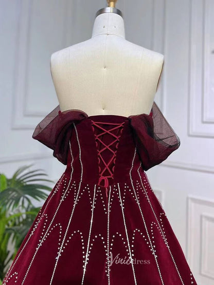 Beaded Strapless Burgundy Velvet Prom Dresses Detachable Sleeve Evening Gown 20043-Evening Dresses 2025 -Viniodress-Burgundy-US 2-