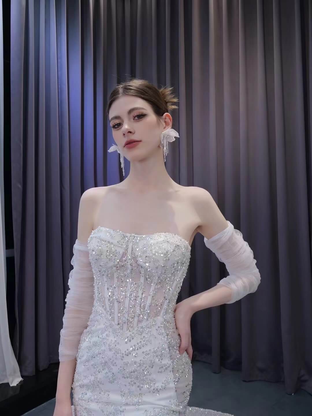 Beaded Strapless Mermaid Wedding Dresses Removable Sleeves 231106-wedding dresses 2025 -Viniodress-Ivory-Custom Size-