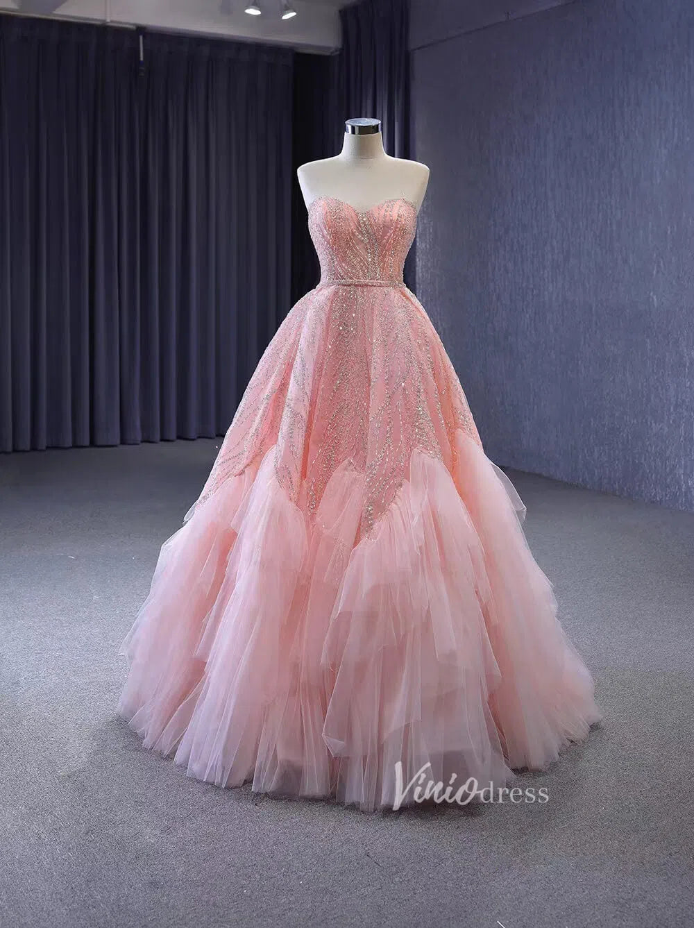 Beaded Strapless Pink Ball Gown Prom Dress 231025-prom dresses 2025 -Viniodress-Pink-Custom Size-
