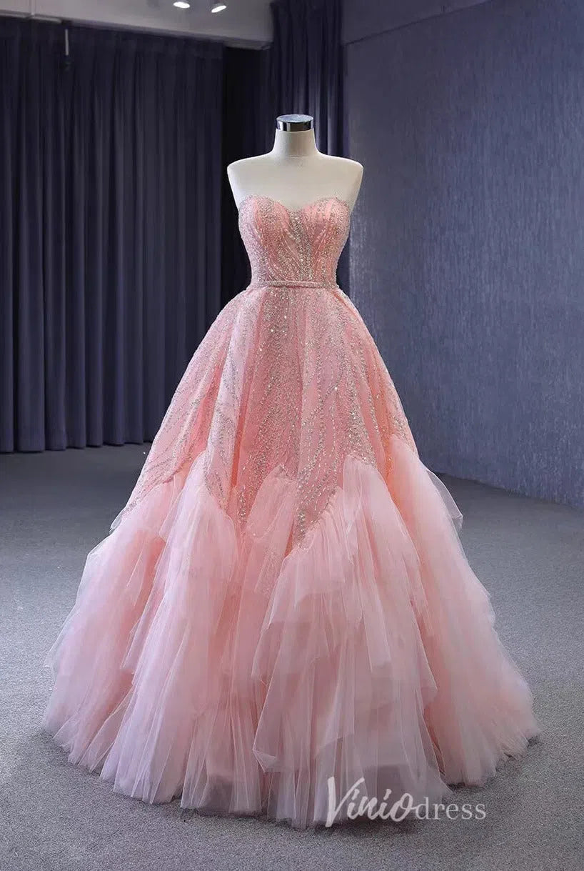 Beaded Strapless Pink Ball Gown Prom Dress 231025-prom dresses-Viniodress-Pink-Custom Size-Viniodress