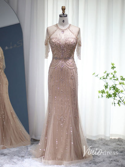Beaded String Mermaid Evening Dresses Cap Sleeve Mother of the Bride Dress AD1167-Evening Dresses 2025 -Viniodress-Blush Pink-US 2-