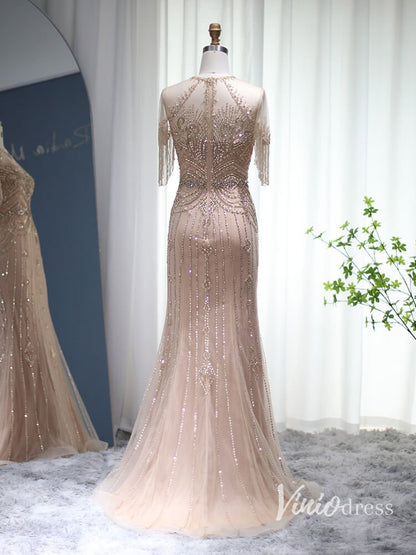 Beaded String Mermaid Evening Dresses Cap Sleeve Mother of the Bride Dress AD1167-Evening Dresses 2025 -Viniodress-Blush Pink-US 2-