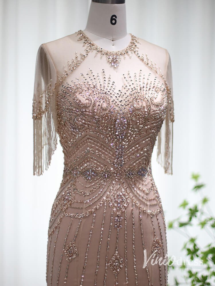 Beaded String Mermaid Evening Dresses Cap Sleeve Mother of the Bride Dress AD1167-Evening Dresses 2025 -Viniodress-Blush Pink-US 2-