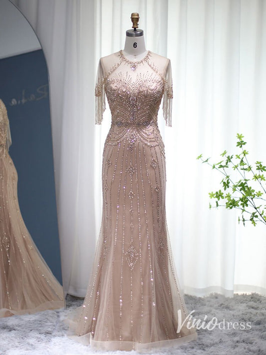 Beaded String Mermaid Evening Dresses Cap Sleeve Mother of the Bride Dress AD1167-Evening Dresses 2025 -Viniodress-Blush Pink-US 2-