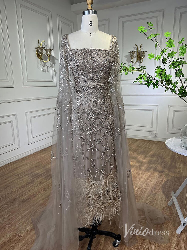 Beaded Tea-Length Evening Dresses Extra Long Sleeve Mother of the Bride Dresses AD1126-Evening Dresses 2025 -Viniodress-Khaki-US 2-