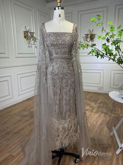 Beaded Tea-Length Evening Dresses Extra Long Sleeve Mother of the Bride Dresses AD1126-Evening Dresses 2025 -Viniodress-Khaki-US 2-