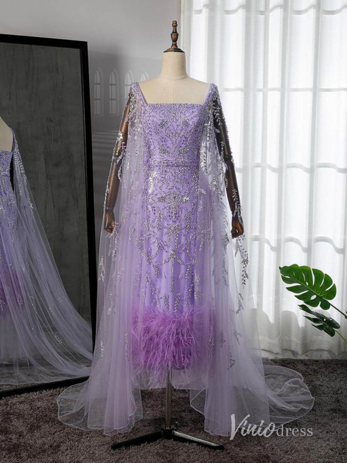Beaded Tea-Length Evening Dresses Extra Long Sleeve Mother of the Bride Dresses AD1126-Evening Dresses 2025 -Viniodress-Lavender-US 2-