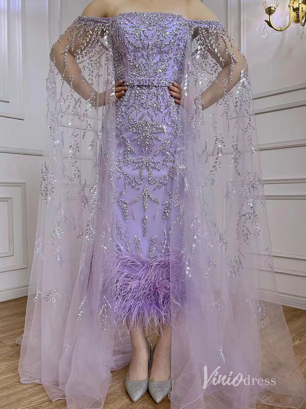 Beaded Tea-Length Evening Dresses Extra Long Sleeve Mother of the Bride Dresses AD1126-Evening Dresses 2025 -Viniodress-Pink-US 2-