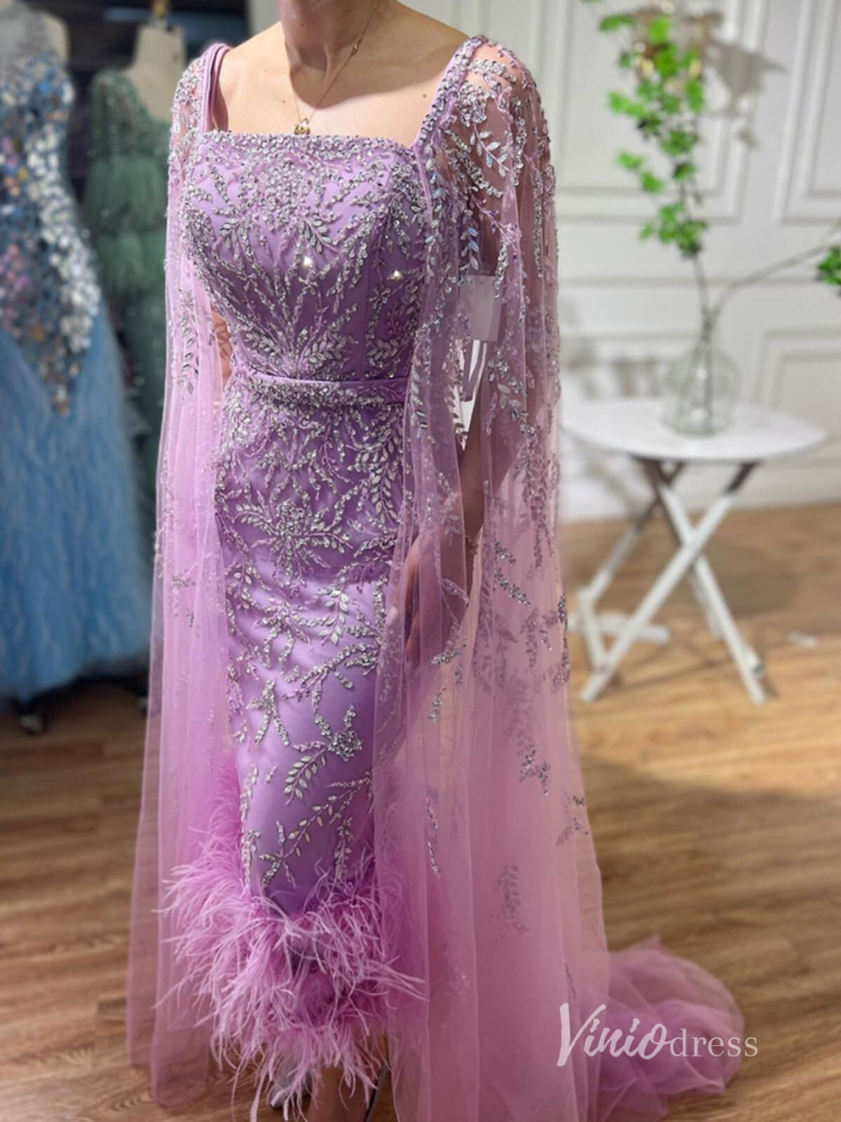 Beaded Tea-Length Evening Dresses Extra Long Sleeve Mother of the Bride Dresses AD1126-Evening Dresses 2025 -Viniodress-Pink-US 2-