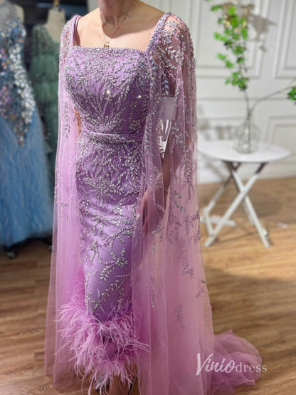 Beaded Tea-Length Evening Dresses Extra Long Sleeve Mother of the Bride Dresses AD1126-Evening Dresses 2025 -Viniodress-Pink-US 2-