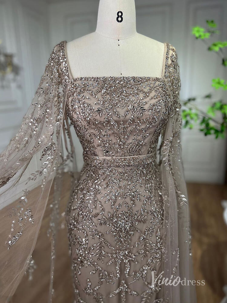 Beaded Tea - Length Evening Dresses Extra Long Sleeve Mother of the Bride Dresses AD1126 - ViniodressEvening DressesKhakiUS 2 - Formal Dresses - Ball Gowns