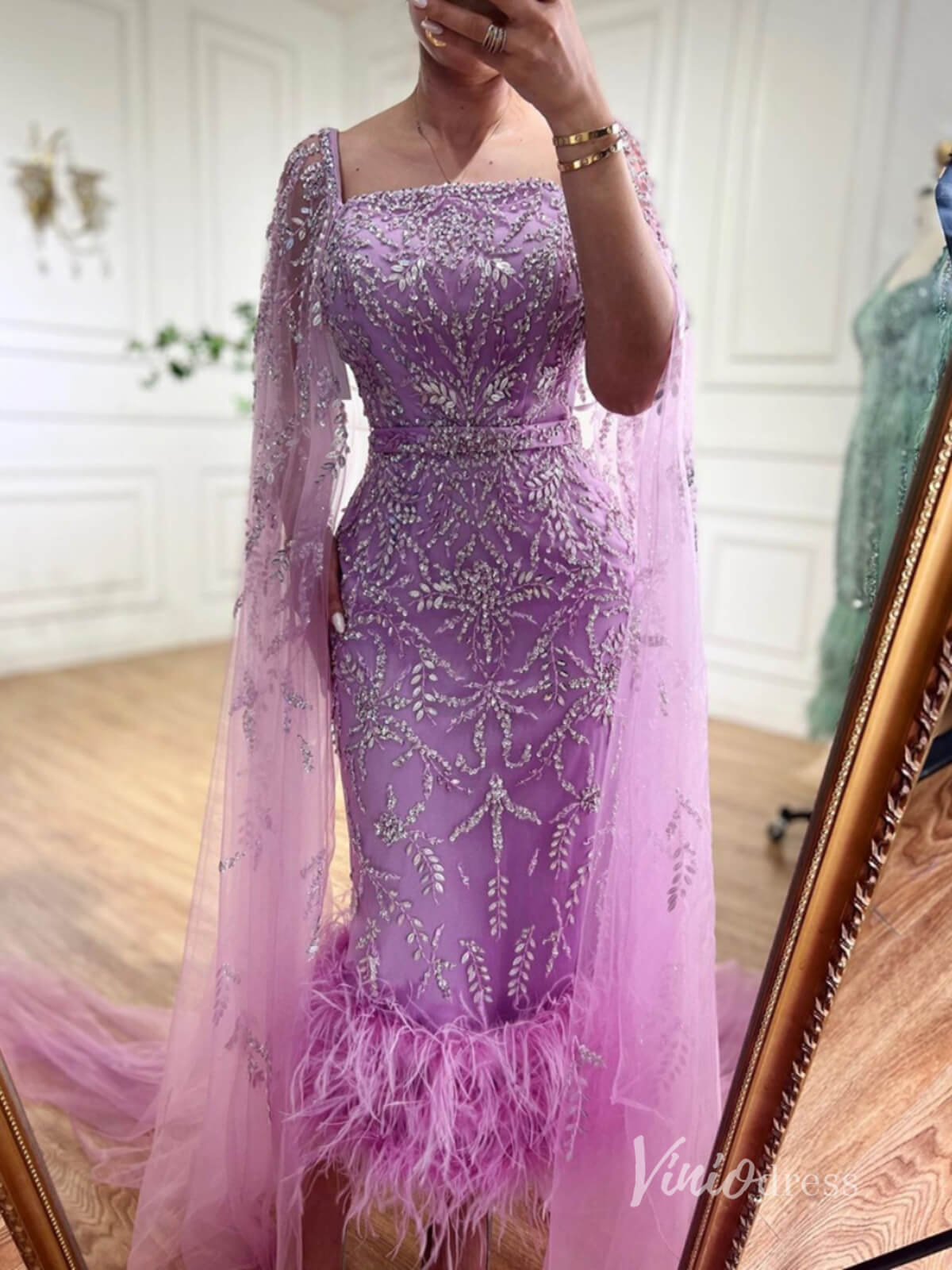 Beaded Tea - Length Evening Dresses Extra Long Sleeve Mother of the Bride Dresses AD1126 - ViniodressEvening DressesPinkUS 2 - Formal Dresses - Ball Gowns