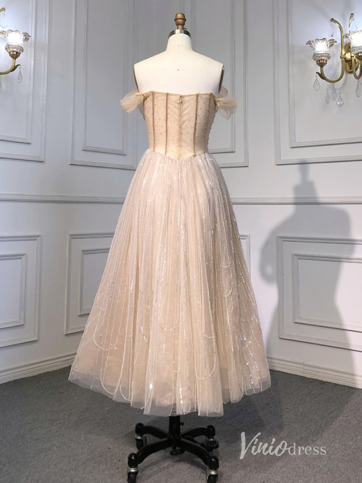 Beaded Tea-Length Evening Dresses Off the Shoulder Prom Dress AD1130-Evening Dresses 2025 -Viniodress-Khaki-US 2-