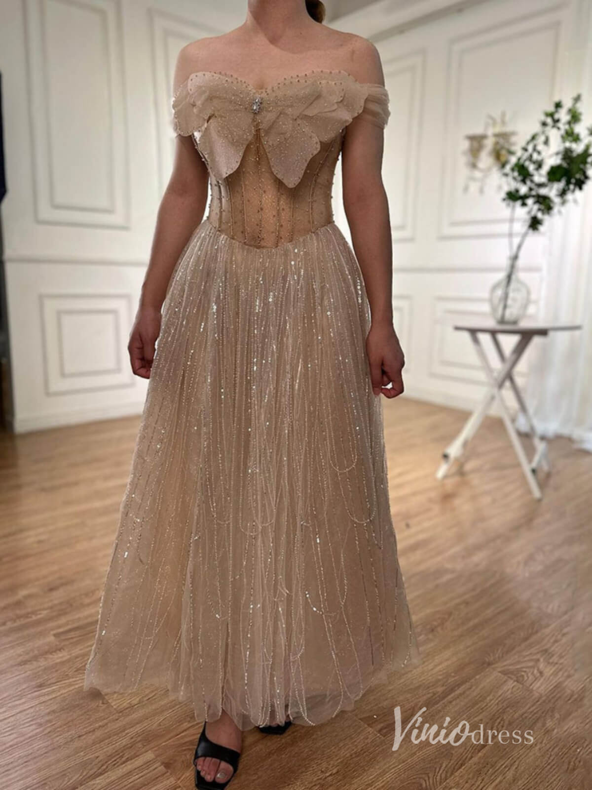 Beaded Tea-Length Evening Dresses Off the Shoulder Prom Dress AD1130-Evening Dresses 2025 -Viniodress-Khaki-US 2-