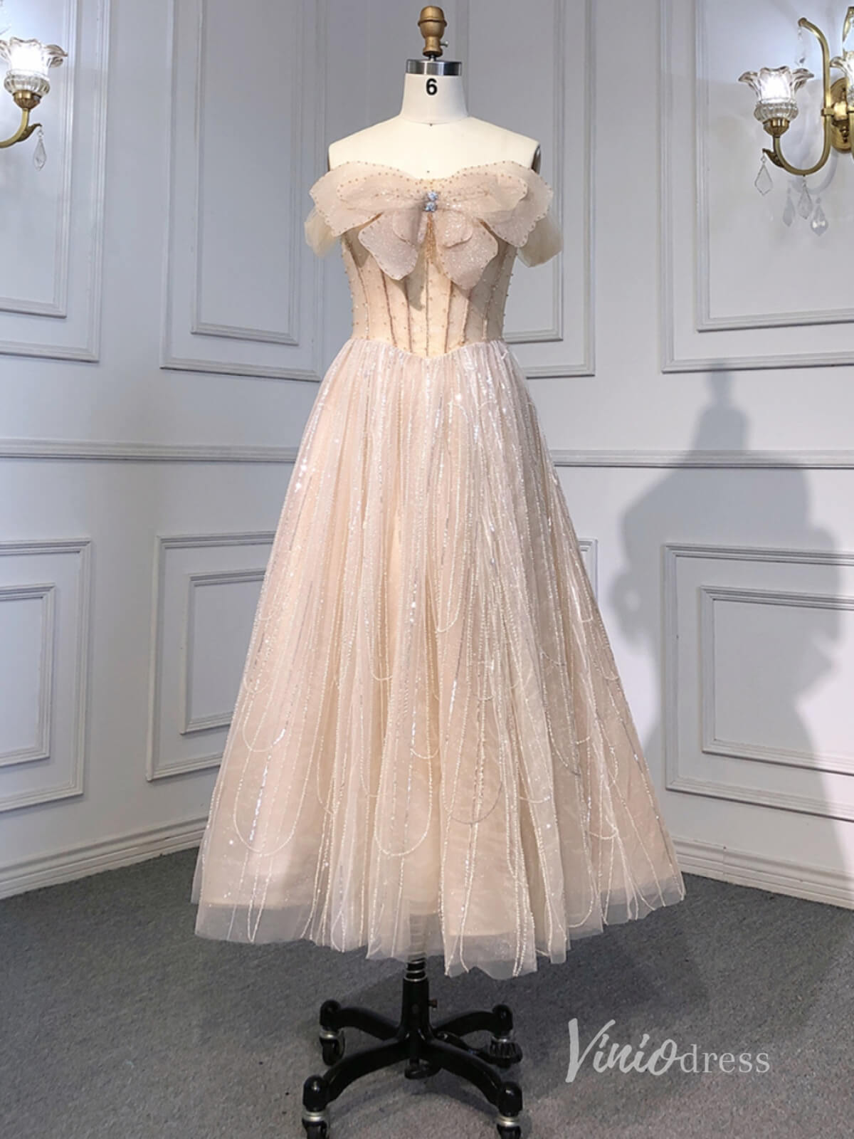 Beaded Tea-Length Evening Dresses Off the Shoulder Prom Dress AD1130-Evening Dresses 2025 -Viniodress-Khaki-US 2-