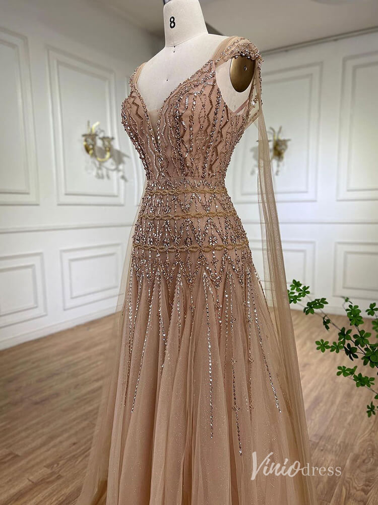 Beaded Tea-Length Evening Dresses Spaghetti Strap Prom Dress AD1136-Evening Dresses 2025 -Viniodress-Khaki-US 2-