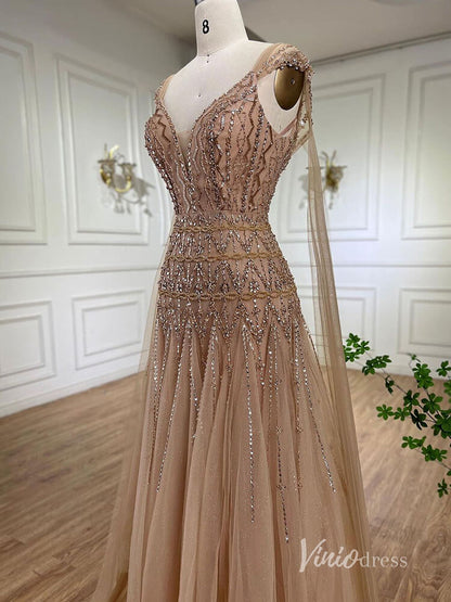 Beaded Tea-Length Evening Dresses Spaghetti Strap Prom Dress AD1136-Evening Dresses 2025 -Viniodress-Khaki-US 2-