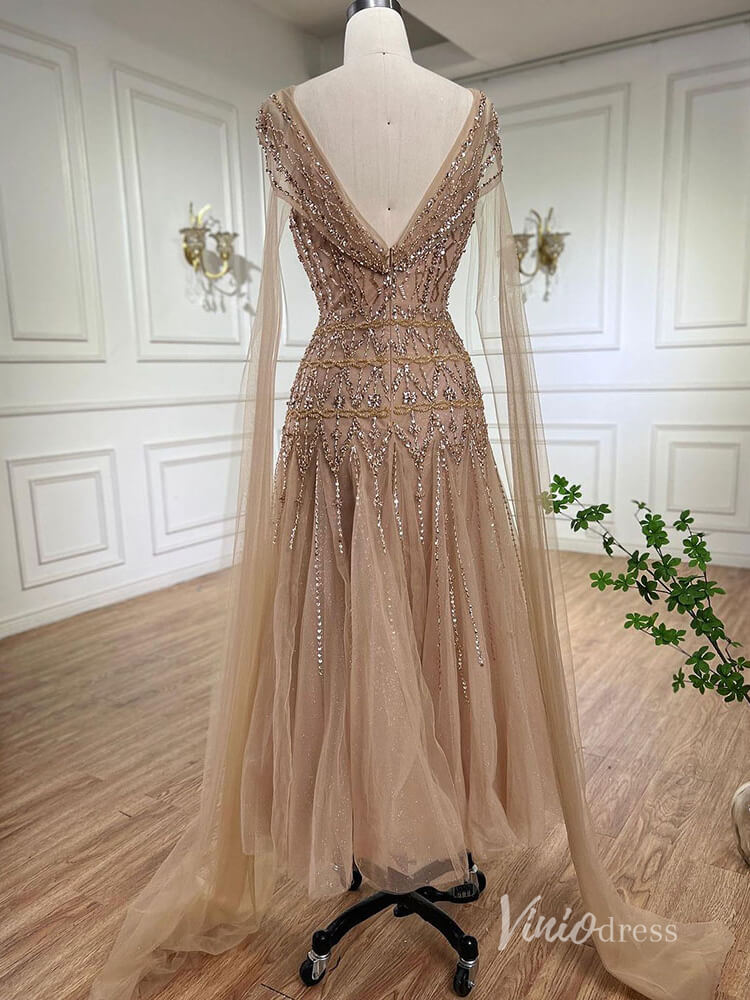Beaded Tea-Length Evening Dresses Spaghetti Strap Prom Dress AD1136-Evening Dresses 2025 -Viniodress-Khaki-US 2-