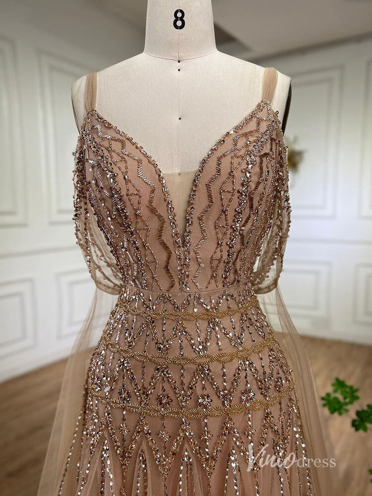 Beaded Tea-Length Evening Dresses Spaghetti Strap Prom Dress AD1136-Evening Dresses 2025 -Viniodress-Khaki-US 2-
