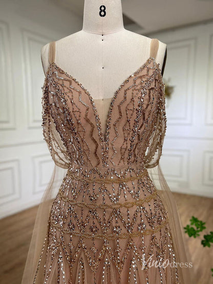 Beaded Tea-Length Evening Dresses Spaghetti Strap Prom Dress AD1136-Evening Dresses 2025 -Viniodress-Khaki-US 2-