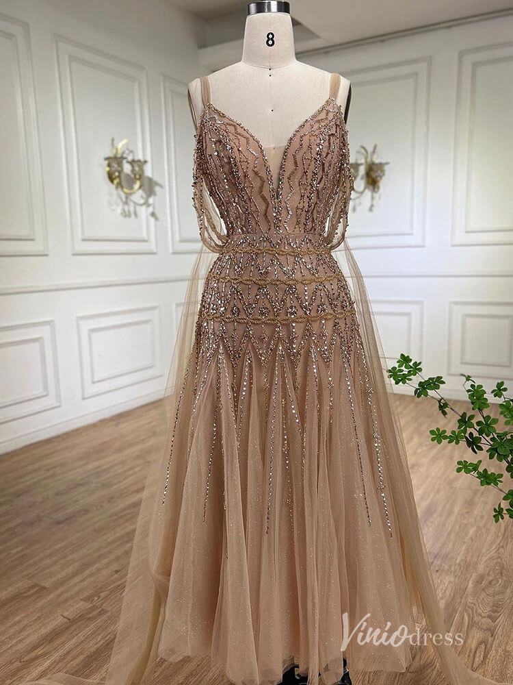 Beaded Tea-Length Evening Dresses Spaghetti Strap Prom Dress AD1136-prom dresses-Viniodress-Khaki-US 2-Viniodress