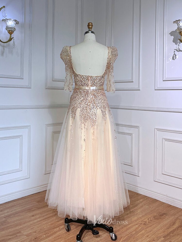 Beaded Tea Length Prom Dresses Elbow Sleeve Evening Dress 20040-Evening Dresses 2025 -Viniodress-As Picture-US 2-