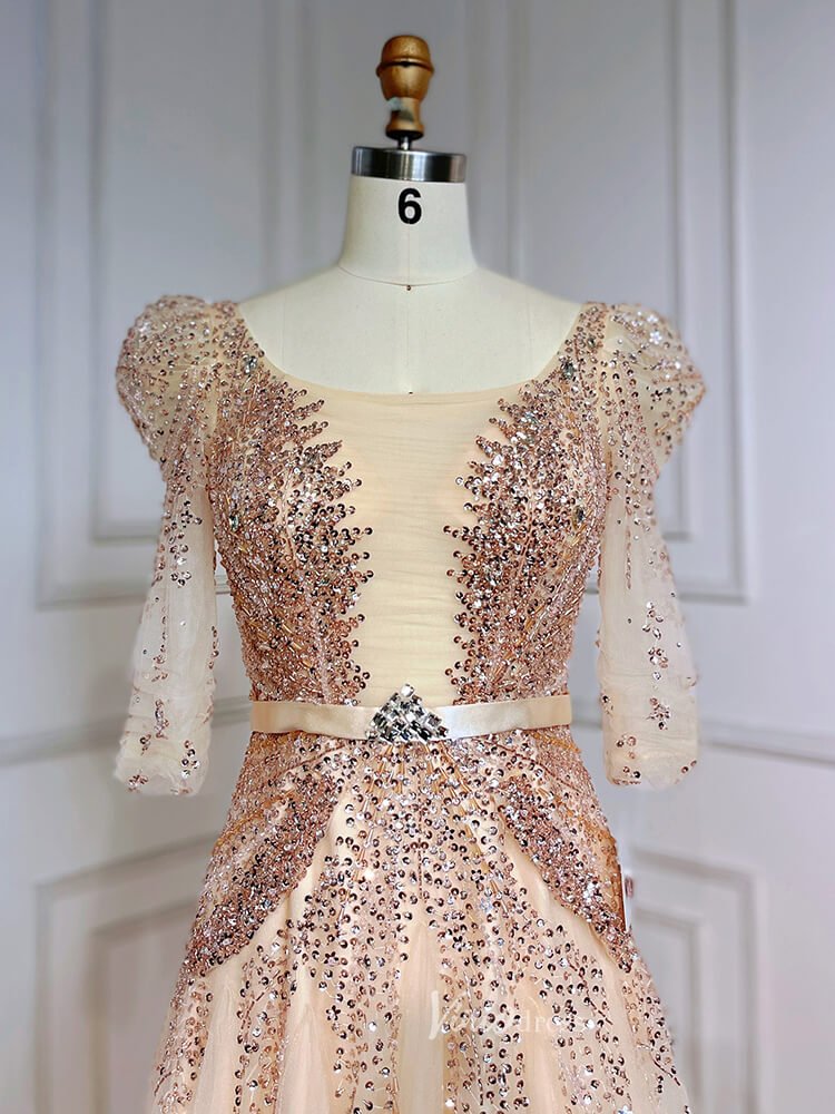 Beaded Tea Length Prom Dresses Elbow Sleeve Evening Dress 20040-Evening Dresses 2025 -Viniodress-As Picture-US 2-