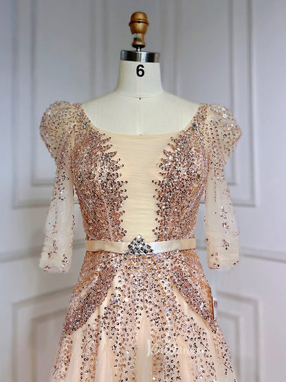 Beaded Tea Length Prom Dresses Elbow Sleeve Evening Dress 20040-Evening Dresses 2025 -Viniodress-As Picture-US 2-