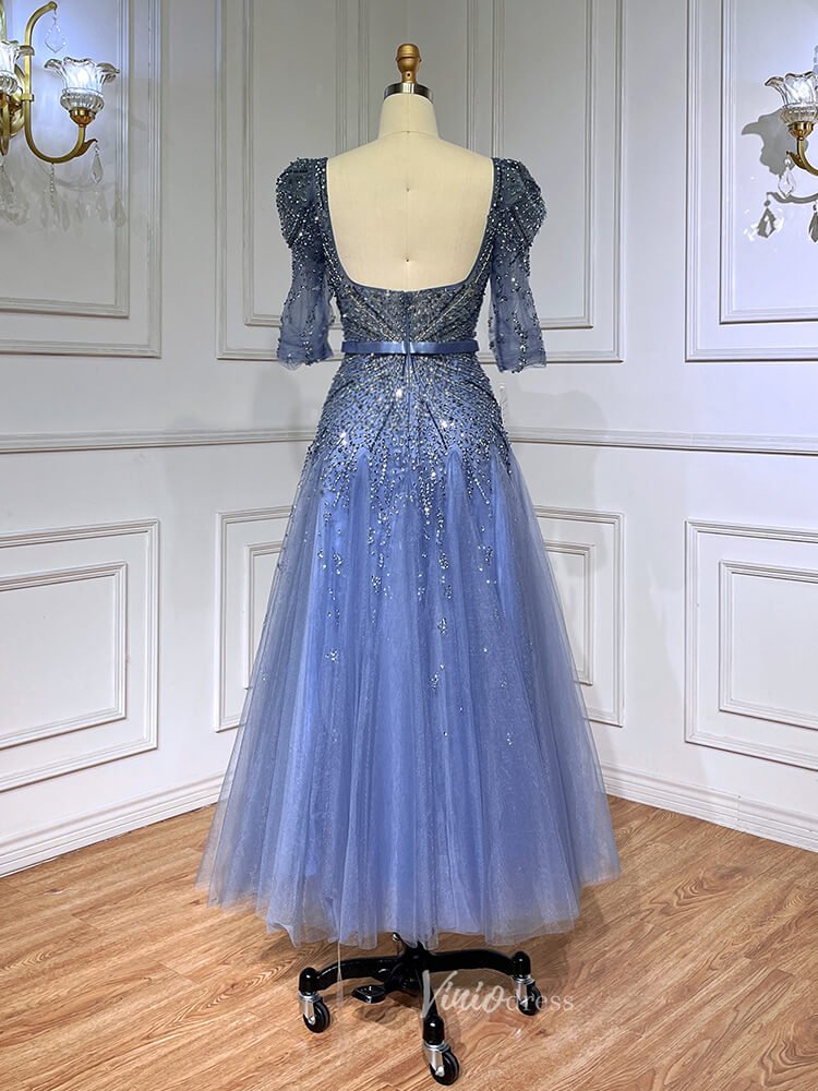Beaded Tea Length Prom Dresses Elbow Sleeve Evening Dress 20040-Evening Dresses 2025 -Viniodress-As Picture-US 2-