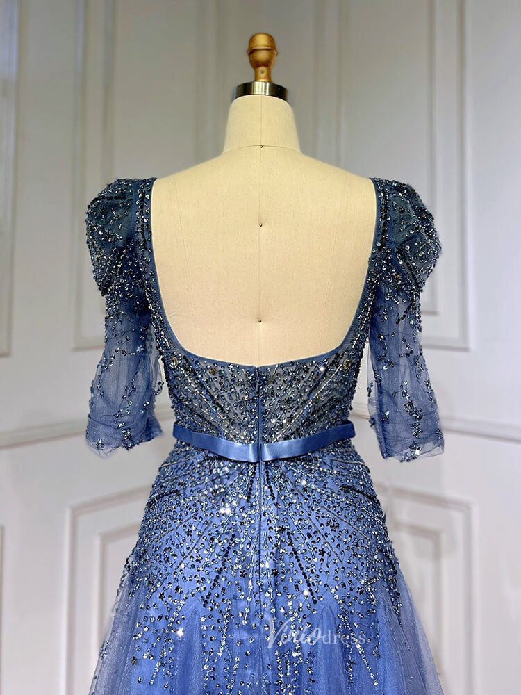 Beaded Tea Length Prom Dresses Elbow Sleeve Evening Dress 20040-Evening Dresses 2025 -Viniodress-As Picture-US 2-