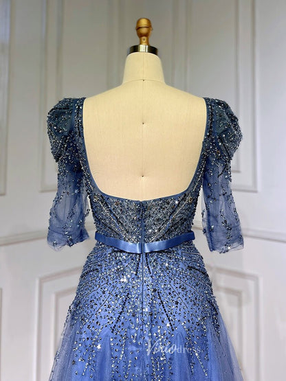 Beaded Tea Length Prom Dresses Elbow Sleeve Evening Dress 20040-Evening Dresses 2025 -Viniodress-As Picture-US 2-