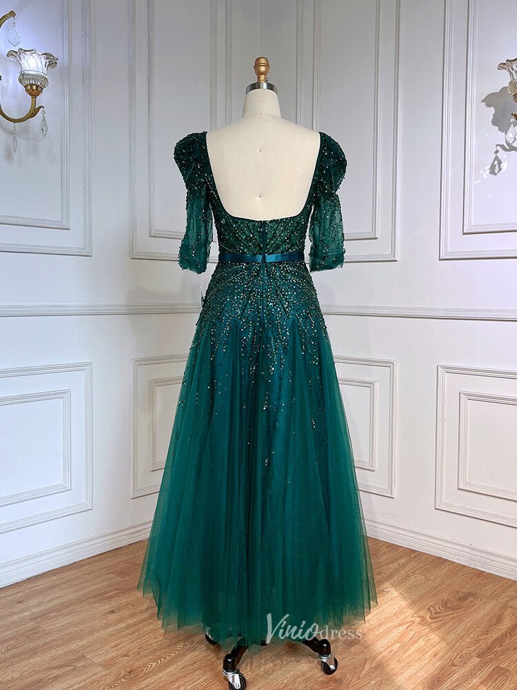 Beaded Tea Length Prom Dresses Elbow Sleeve Evening Dress 20040-Evening Dresses 2025 -Viniodress-As Picture-US 2-
