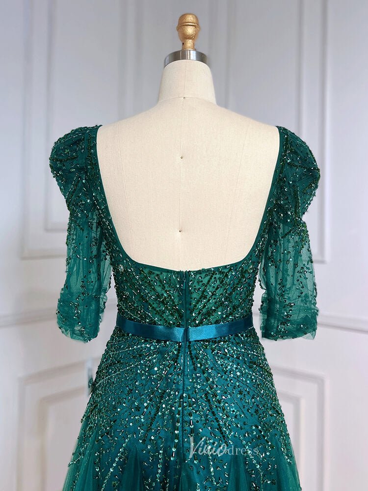 Beaded Tea Length Prom Dresses Elbow Sleeve Evening Dress 20040-Evening Dresses 2025 -Viniodress-As Picture-US 2-
