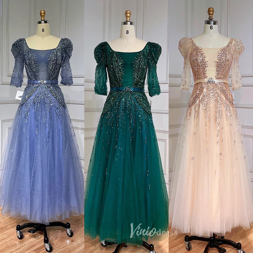 Beaded Tea Length Prom Dresses Elbow Sleeve Evening Dress 20040-Evening Dresses 2025 -Viniodress-As Picture-US 2-