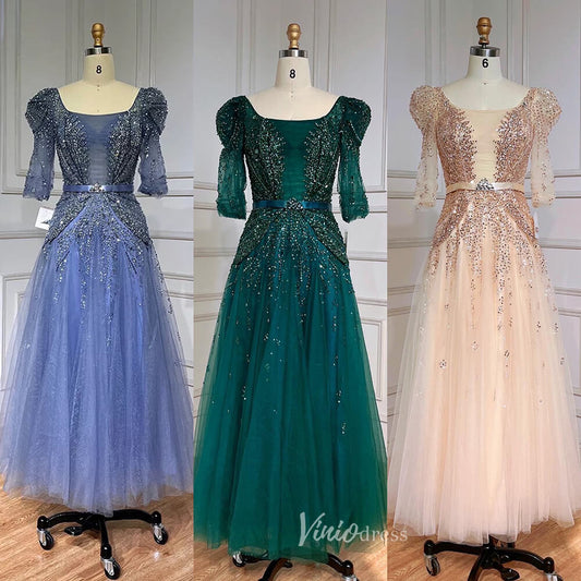 Beaded Tea Length Prom Dresses Elbow Sleeve Evening Dress 20040-Evening Dresses 2025 -Viniodress-As Picture-US 2-