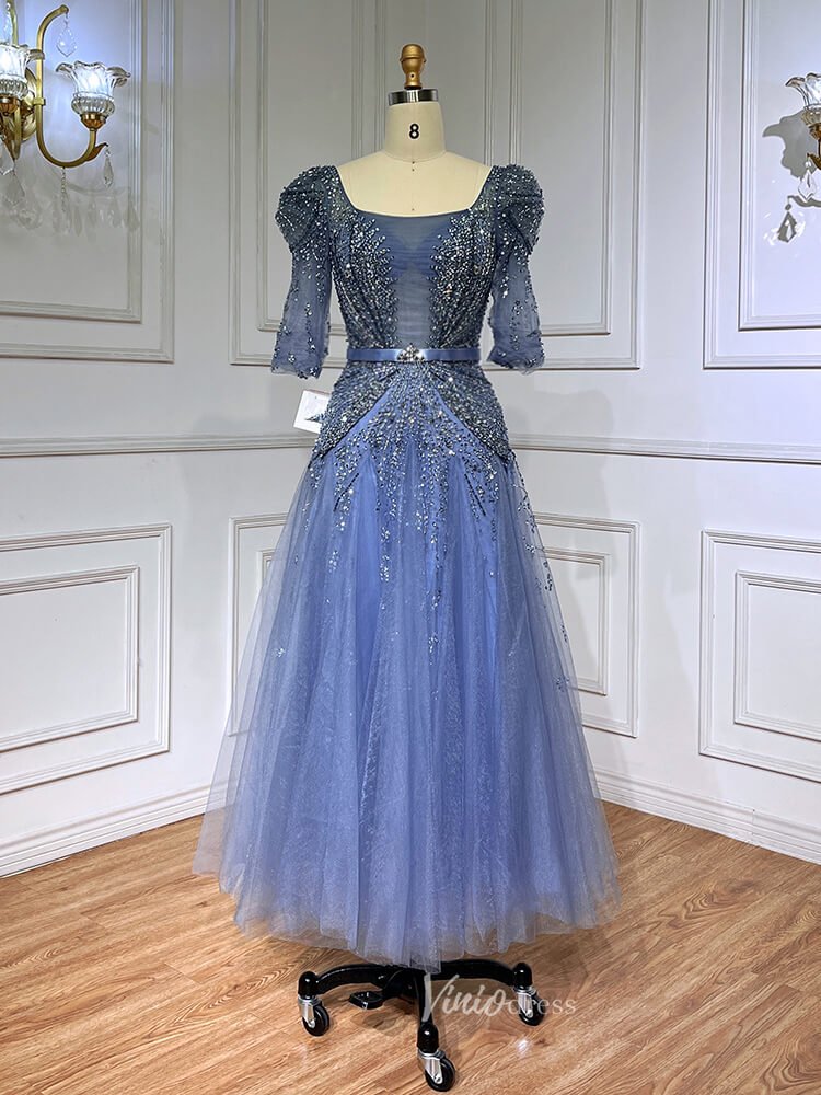Beaded Tea Length Prom Dresses Elbow Sleeve Evening Dress 20040-Evening Dresses 2025 -Viniodress-Blue-US 2-