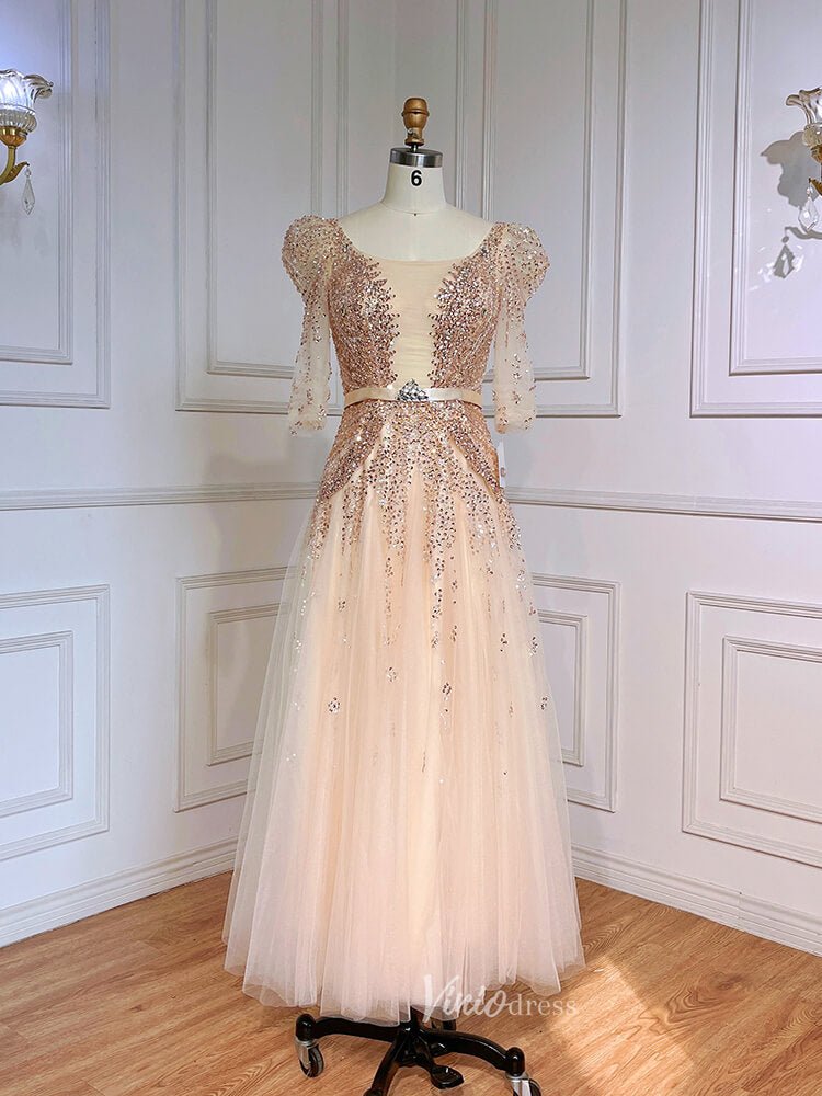Beaded Tea Length Prom Dresses Elbow Sleeve Evening Dress 20040-Evening Dresses 2025 -Viniodress-Champagne-US 2-