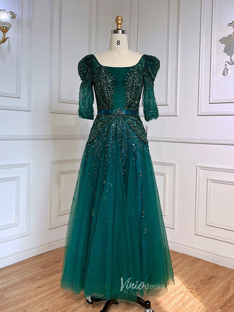 Beaded Tea Length Prom Dresses Elbow Sleeve Evening Dress 20040-Evening Dresses 2025 -Viniodress-Green-US 2-
