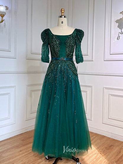 Beaded Tea Length Prom Dresses Elbow Sleeve Evening Dress 20040-Evening Dresses 2025 -Viniodress-Green-US 2-