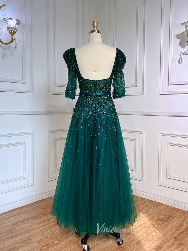 Prom Dress 2025 Beaded Tea Length Prom Dresses Elbow Sleeve Evening Dress 20040-unique prom dresses-As Picture-US 2-Viniodress