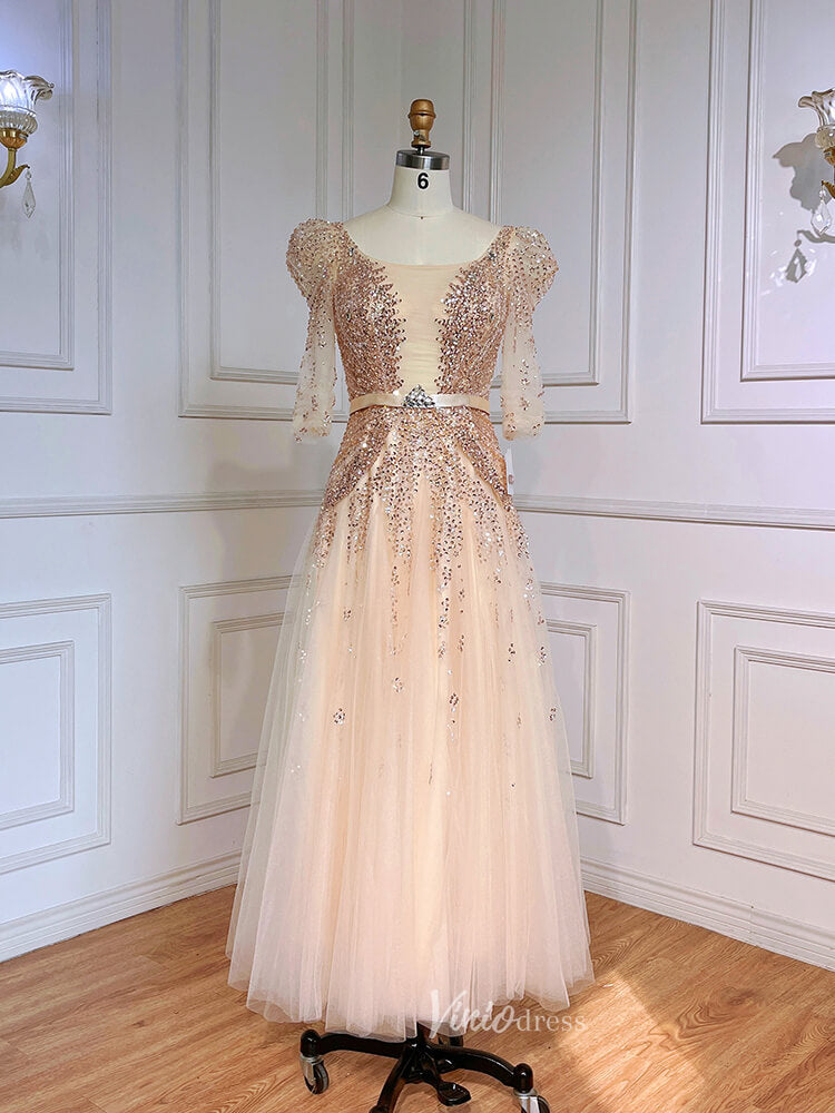 Prom Dress 2025 Beaded Tea Length Prom Dresses Elbow Sleeve Evening Dress 20040-unique prom dresses-Champagne-US 2-Viniodress